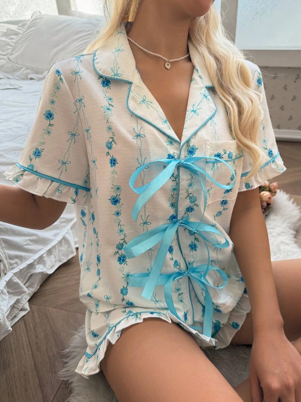 Multicolor Floral Women's Bow Tie Pajama Set - Picture 4 of 6